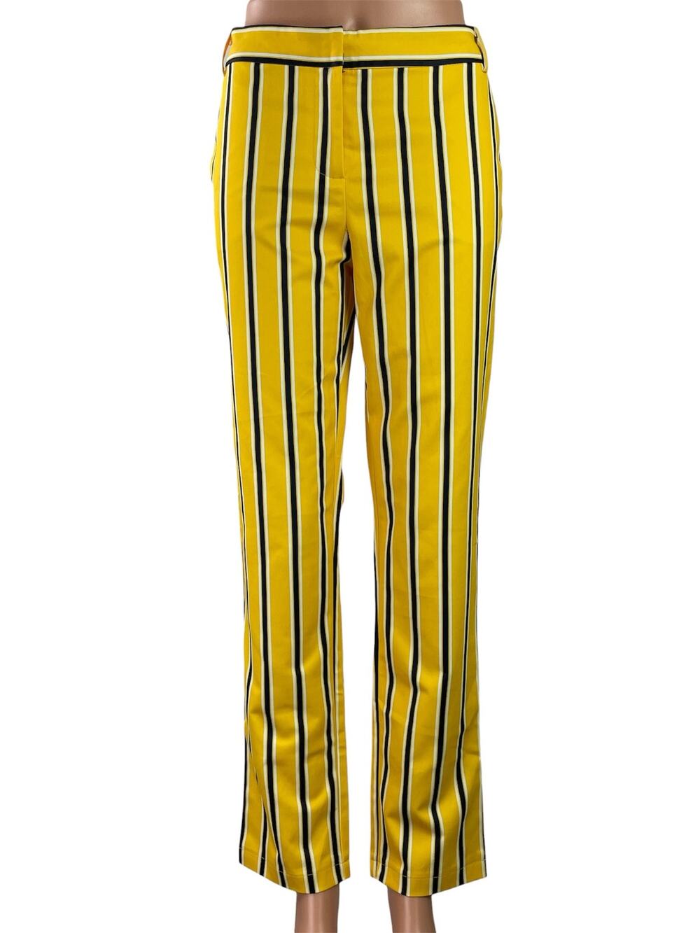 NEW Ovi Women's Yellow Black Striped High Rise Straight Leg Trousers Pants L